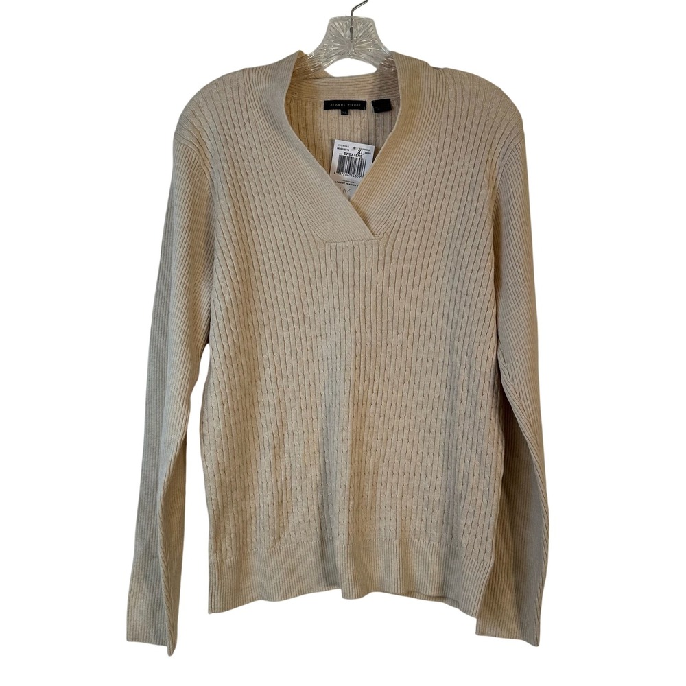 Jeanne Pierre Womens XL Beige Heather Cotton Cable Knit V-Neck Sweater MC6015F14